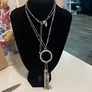 Chicos Silver Rhinestone Tassel Pendant Necklace Extra long